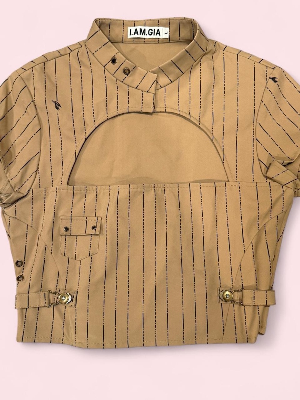 I.AM.GIA Tan Striped Utility Cutout Top